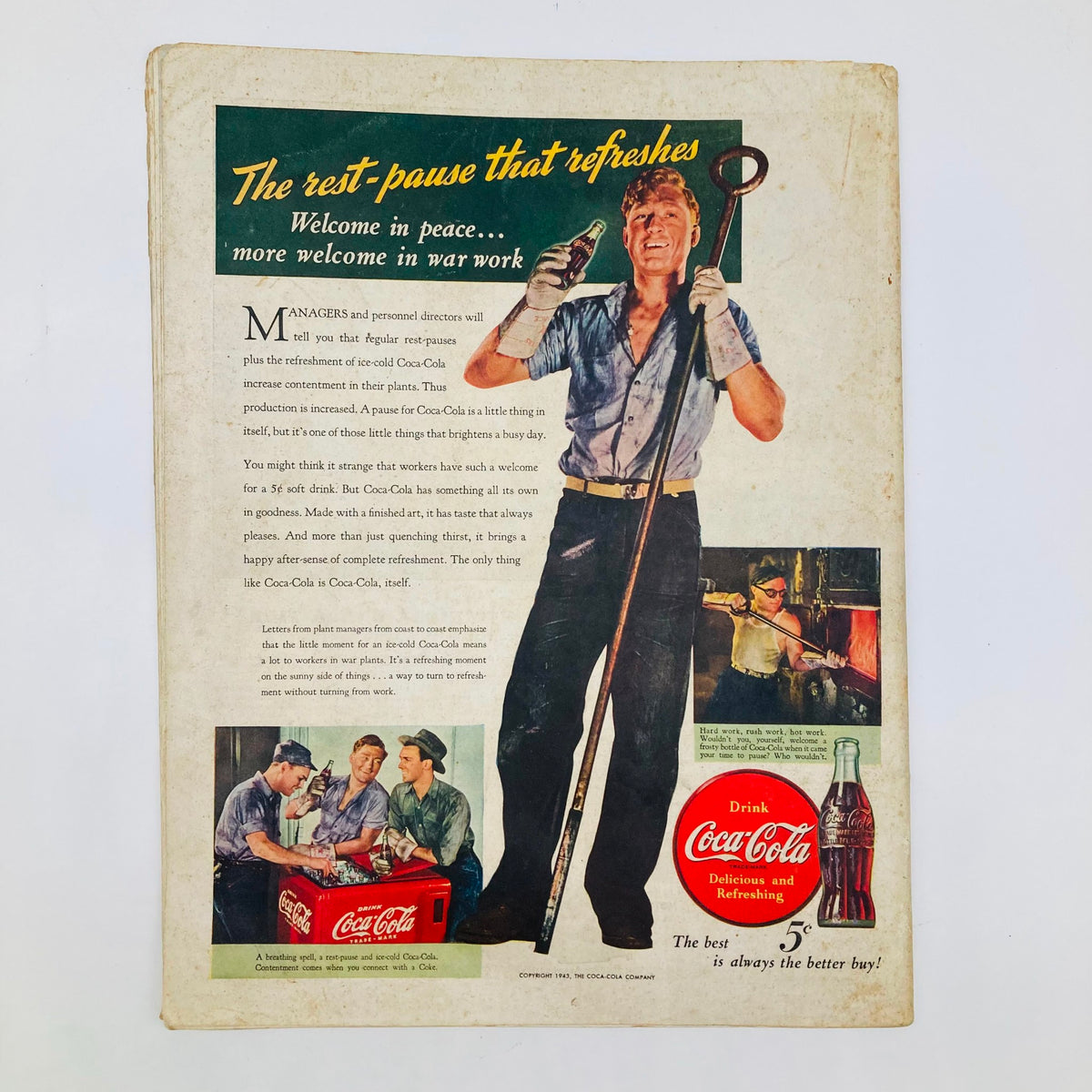 Saturday Evening Post Illustrated Cover Magazine June 26 1943 featuring a Coca-Cola advertisement emphasizing the refreshing taste and importance of Coca-Cola during hard work, showcasing men taking a break.
