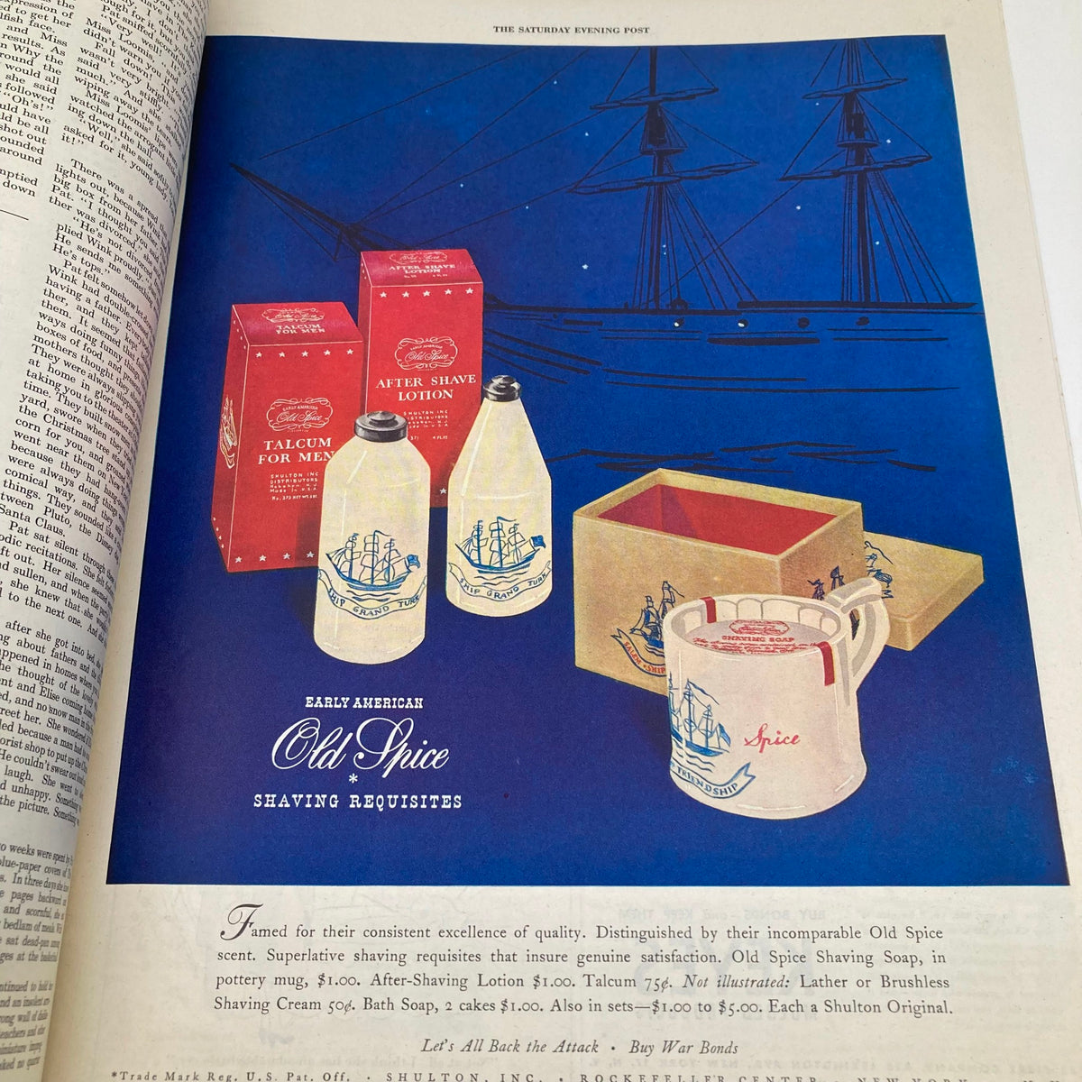 Advertisement for Old Spice shaving requisites featured in the Saturday Evening Post Magazine April 1 1944, showcasing grooming products against a nautical background.