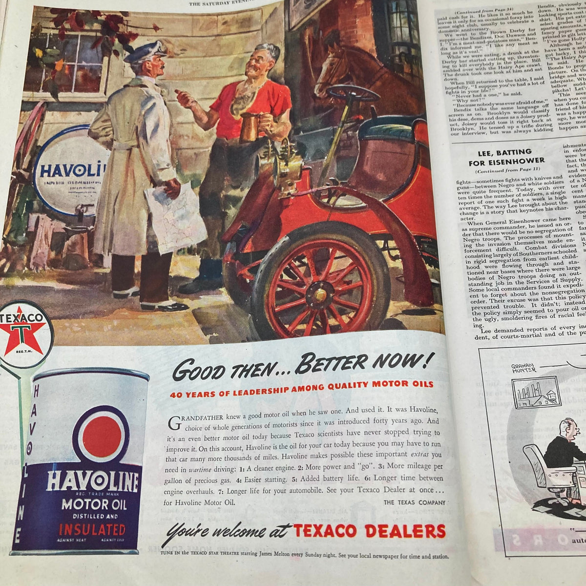 Advertisement page from Saturday Evening Post Illustrated Magazine, September 2, 1944, promoting Havoline Motor Oil, illustrating vintage marketing and product promotion strategies of the time.