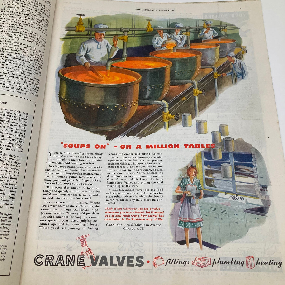 Illustration page from Saturday Evening Post Illustrated Cover Magazine February 26, 1944, demonstrating kitchen automation and plumbing technology in a lively kitchen setting.