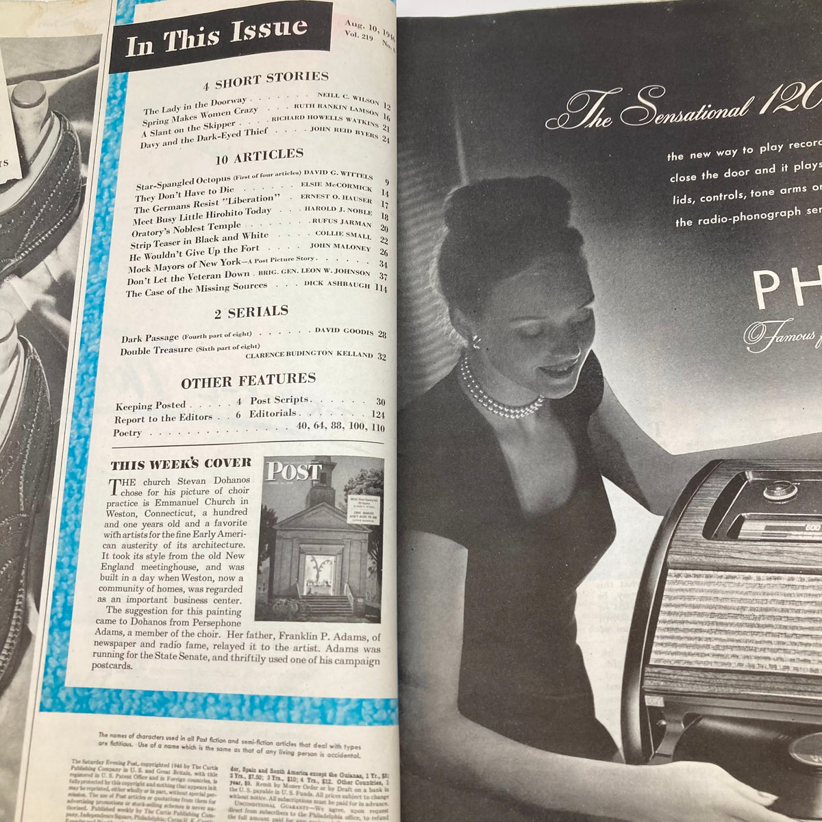 Inside spread of The Saturday Evening Post Magazine August 10 1946, displaying the table of contents with featured short stories and articles including the church cover and other highlights.