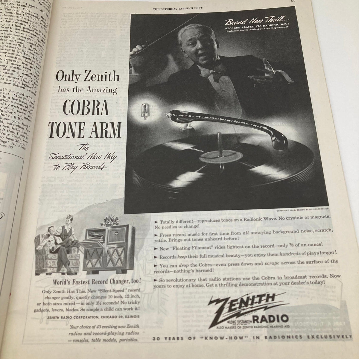Advertisement from The Saturday Evening Post Magazine August 10 1946 showcasing the Zenith Cobra Tone Arm, an innovative record player design.