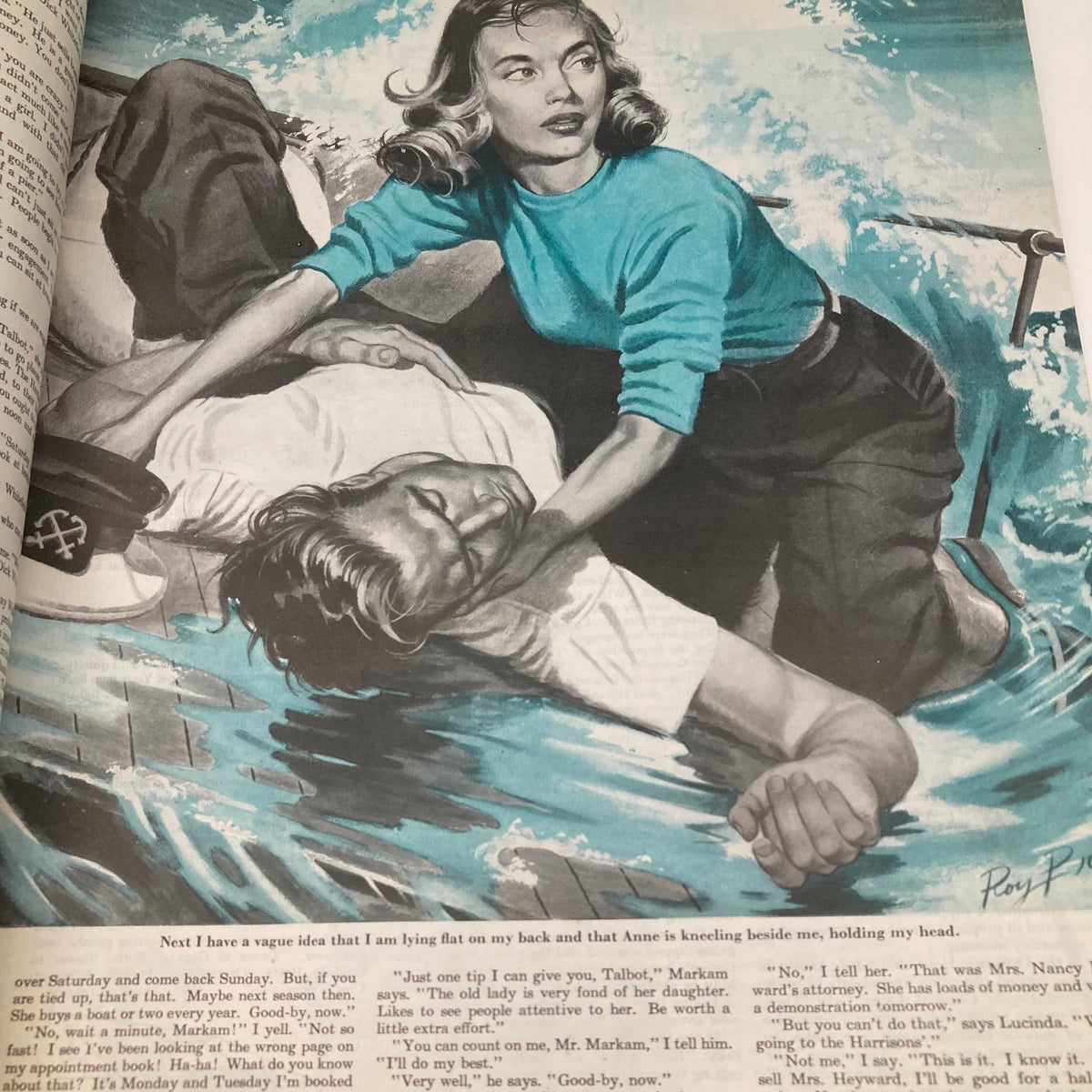 Illustrative scene from the Saturday Evening Post Magazine April 26 1947, featuring dramatic artwork of a woman attending to a man, symbolizing tension and emotion.