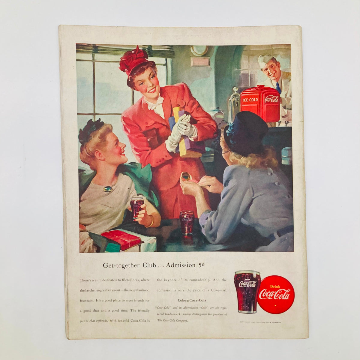 Saturday Evening Post Magazine April 26 1947 Illustrated Cover by John Atherton, featuring a nostalgic image of women socializing over Coca-Cola drinks and snacks, representing mid-century American culture.