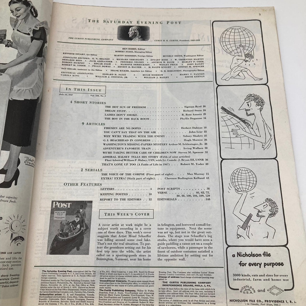Inside page of Saturday Evening Post Magazine July 12 1947 featuring contents and illustration details