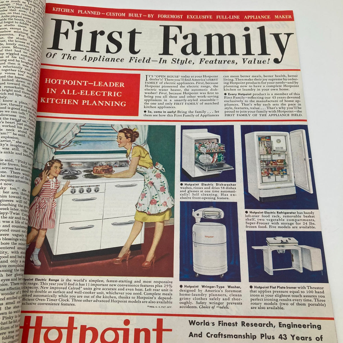 Magazine advertisement for Hotpoint appliances from Saturday Evening Post Magazine July 12 1947 showcasing kitchen products and features