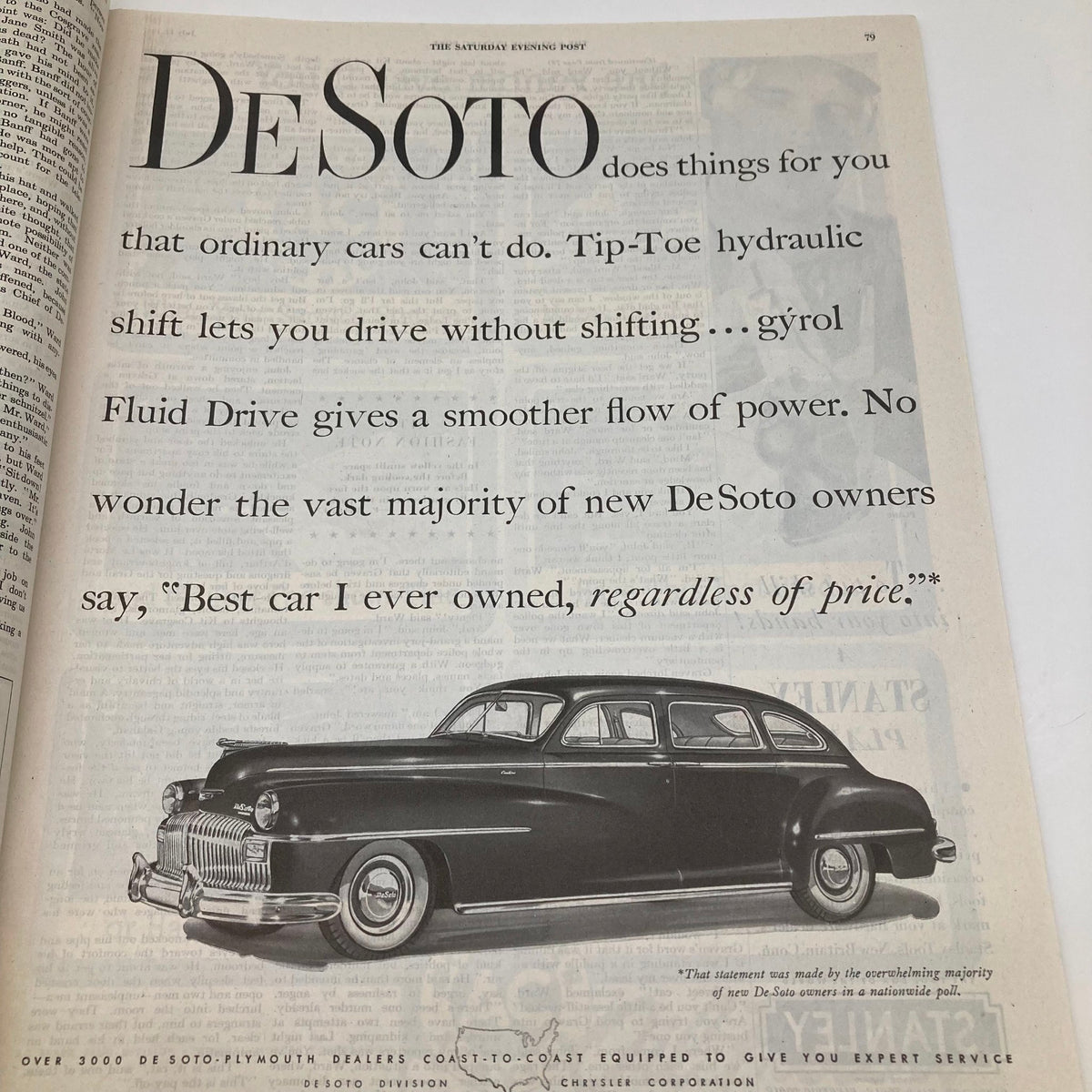 DeSoto car advertisement in Saturday Evening Post Magazine July 12 1947 highlighting the features and functionalities of the vehicle