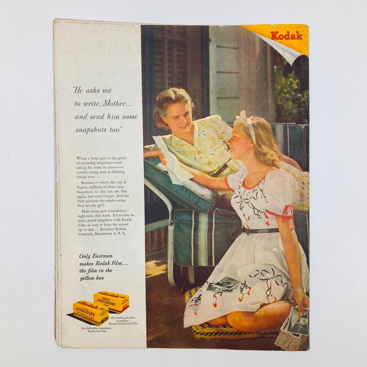 Back cover of Saturday Evening Post Magazine July 12 1947 with Kodak advertisement featuring young women discussing photography and snapshots