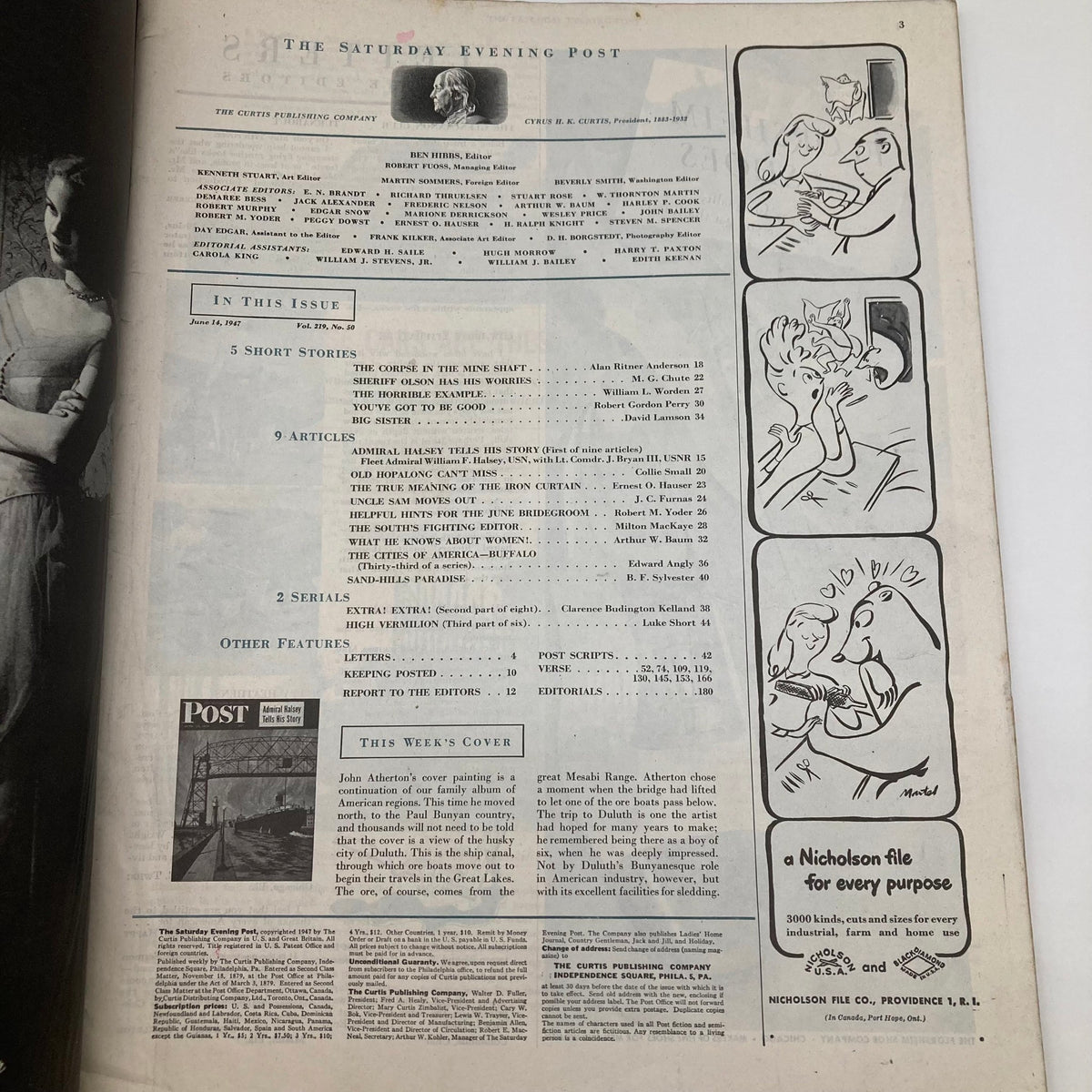 Inside page of the Saturday Evening Post Magazine June 14 1947, displaying the table of contents and article titles, showcasing the magazine's editorial style.