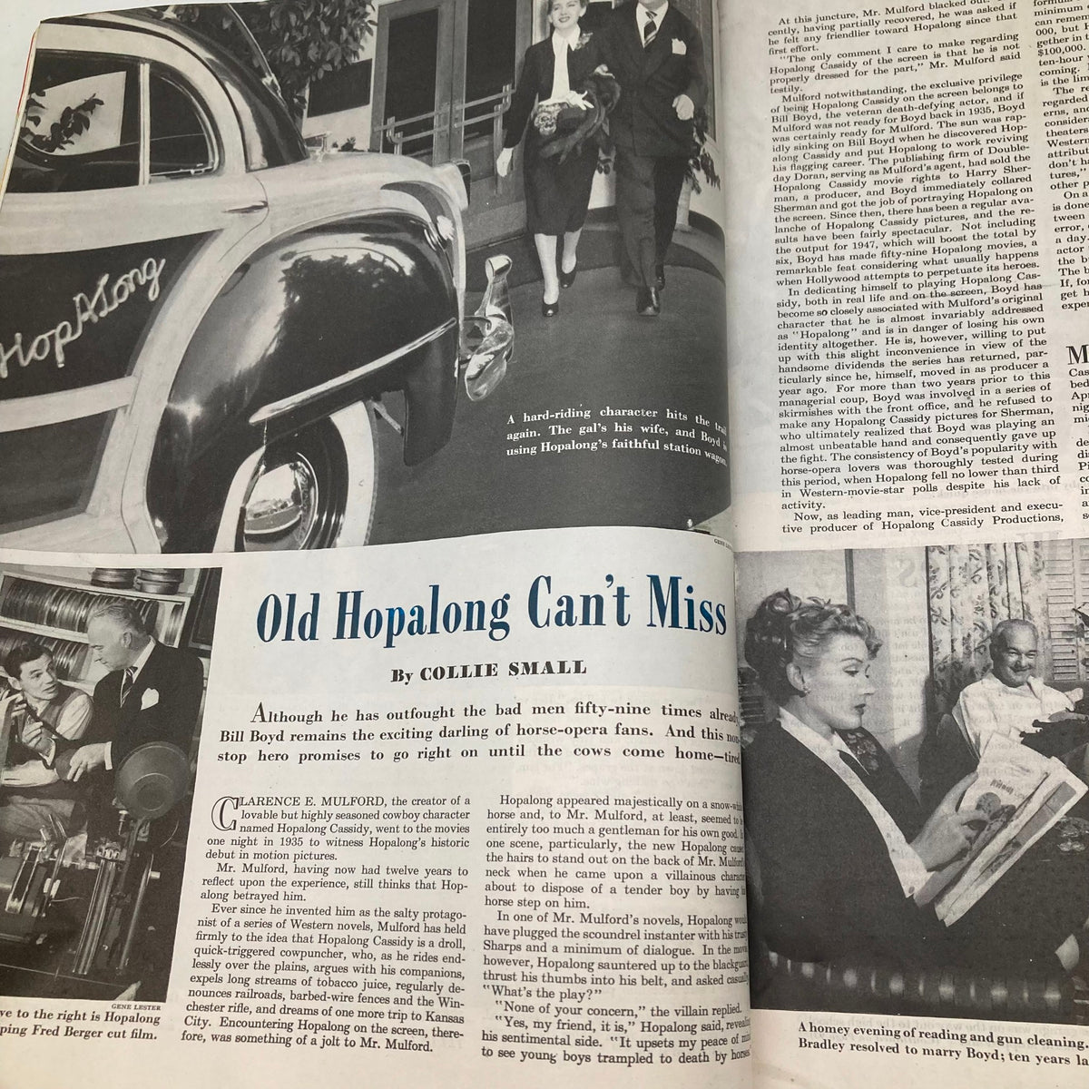 Feature article within the Saturday Evening Post Magazine June 14 1947 titled 'Old Hopalong Can’t Miss' by Collie Small, accompanied by vintage photographs related to the piece.