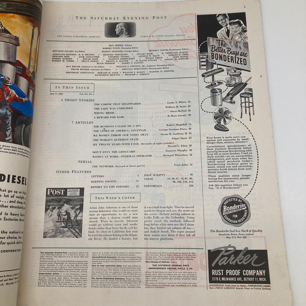 Interior page of the Saturday Evening Post Magazine July 17 1948 showcasing article titles and advertisements.