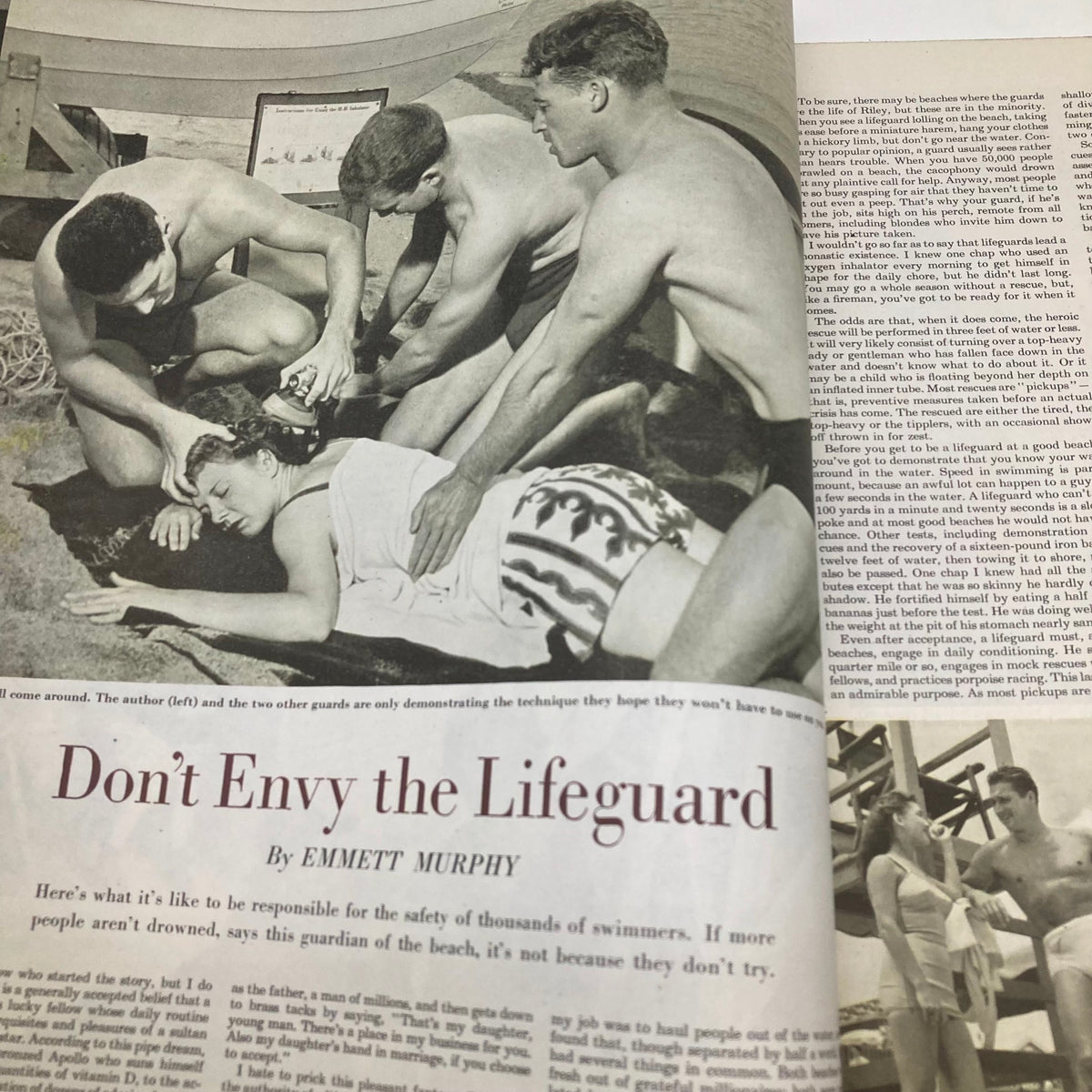 Inside the Saturday Evening Post Magazine July 17 1948, a lifeguard demonstration with two men assisting and a woman lying on a beach towel. Illustrated cover by John Atherton.