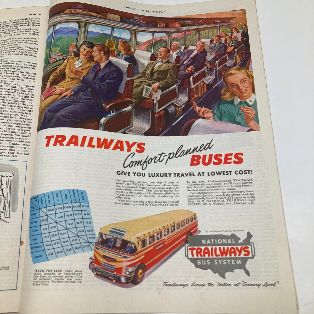 Advertisement for Trailways Buses in the Saturday Evening Post Magazine July 17 1948, featuring luxury travel seating and a vintage bus design. Illustrated cover by John Atherton.
