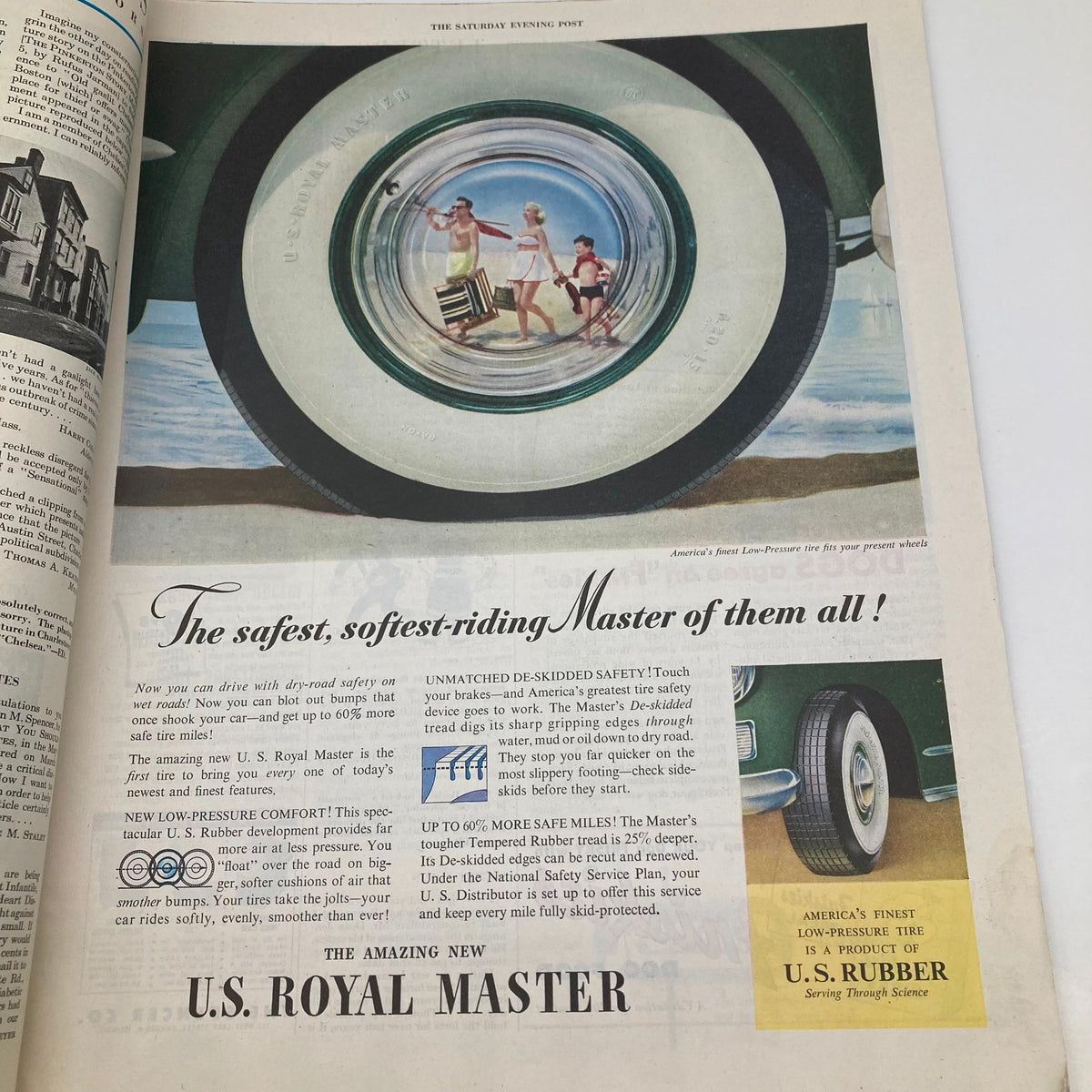 Advertisement for U.S. Royal Master tires featuring a beach scene with a family beside a car, from the Saturday Evening Post Magazine July 3 1948 John Falter Golf Painting Cover.