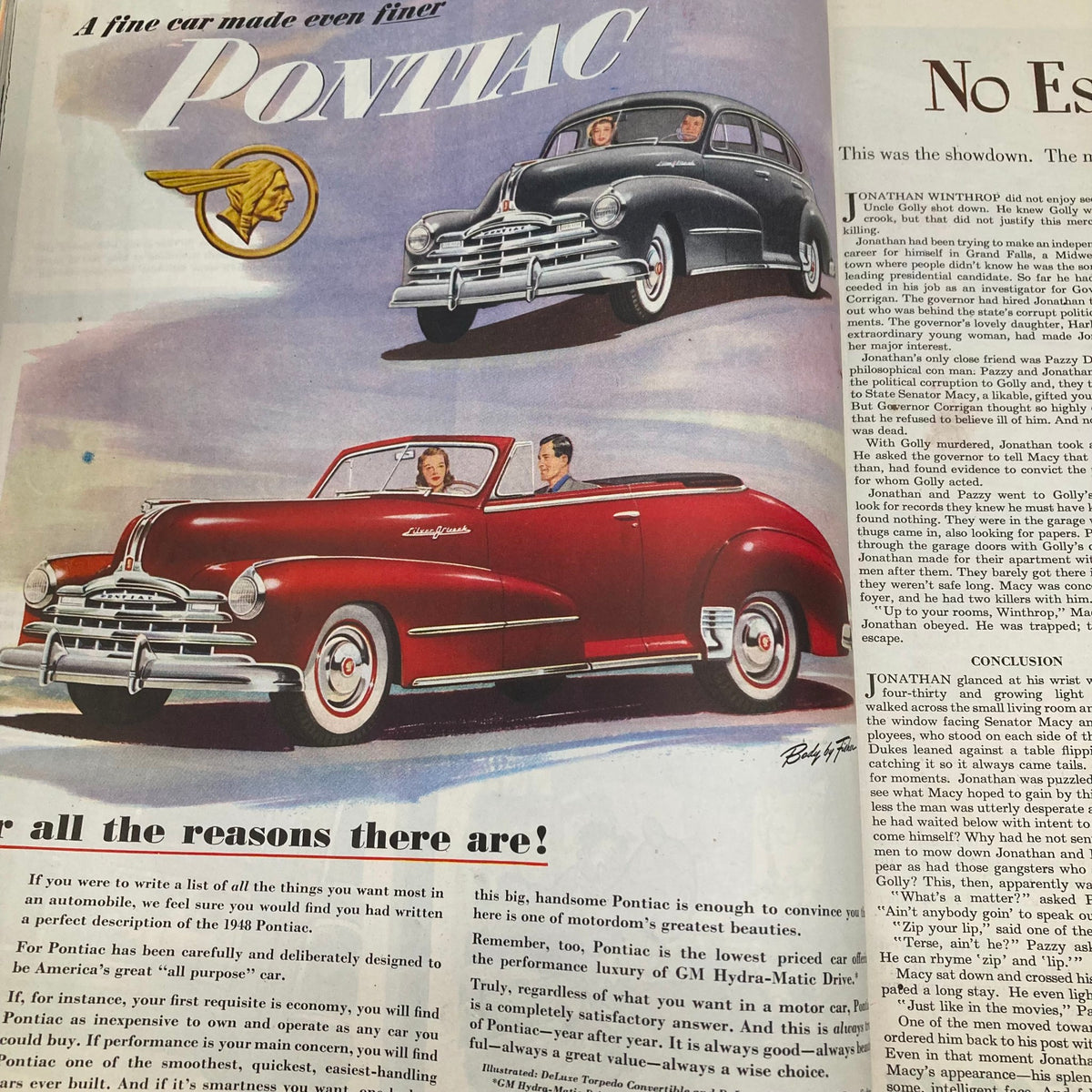 Vintage Pontiac car advertisement showcasing a cherry red convertible and a stylish black sedan, illustrating automotive design from the era, in the Saturday Evening Post Magazine July 3 1948 John Falter Golf Painting Cover.