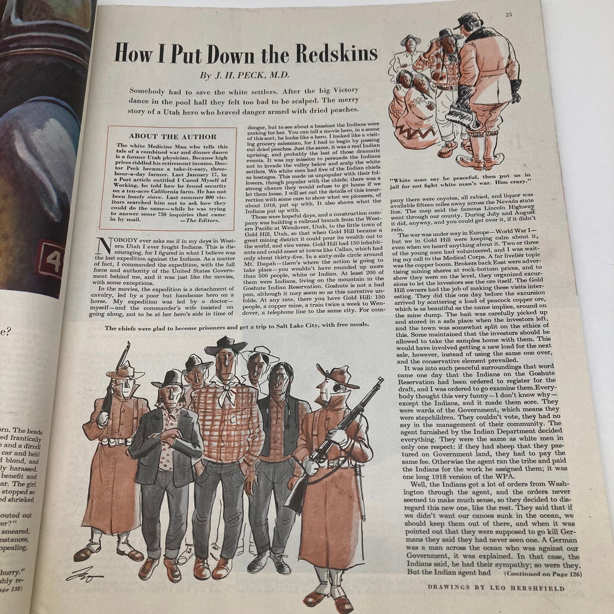 Article page titled 'How I Put Down the Redskins' in the Saturday Evening Post Magazine dated October 23, 1948, accompanied by illustrations and descriptions related to the story.