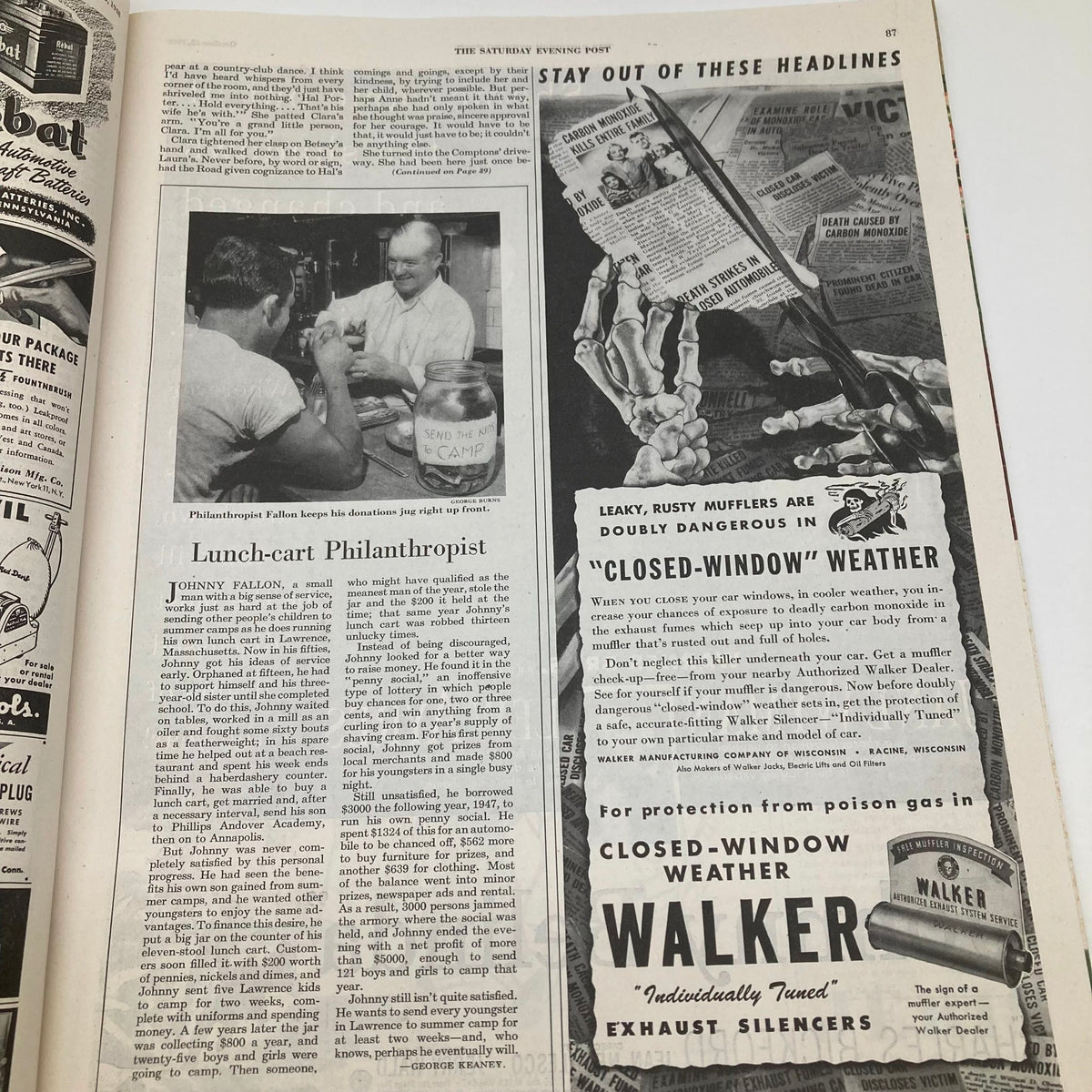 Article page from the Saturday Evening Post Magazine dated October 23, 1948, featuring the story of Johnny Fallon, a lunch-cart philanthropist, with accompanying photographs and text.