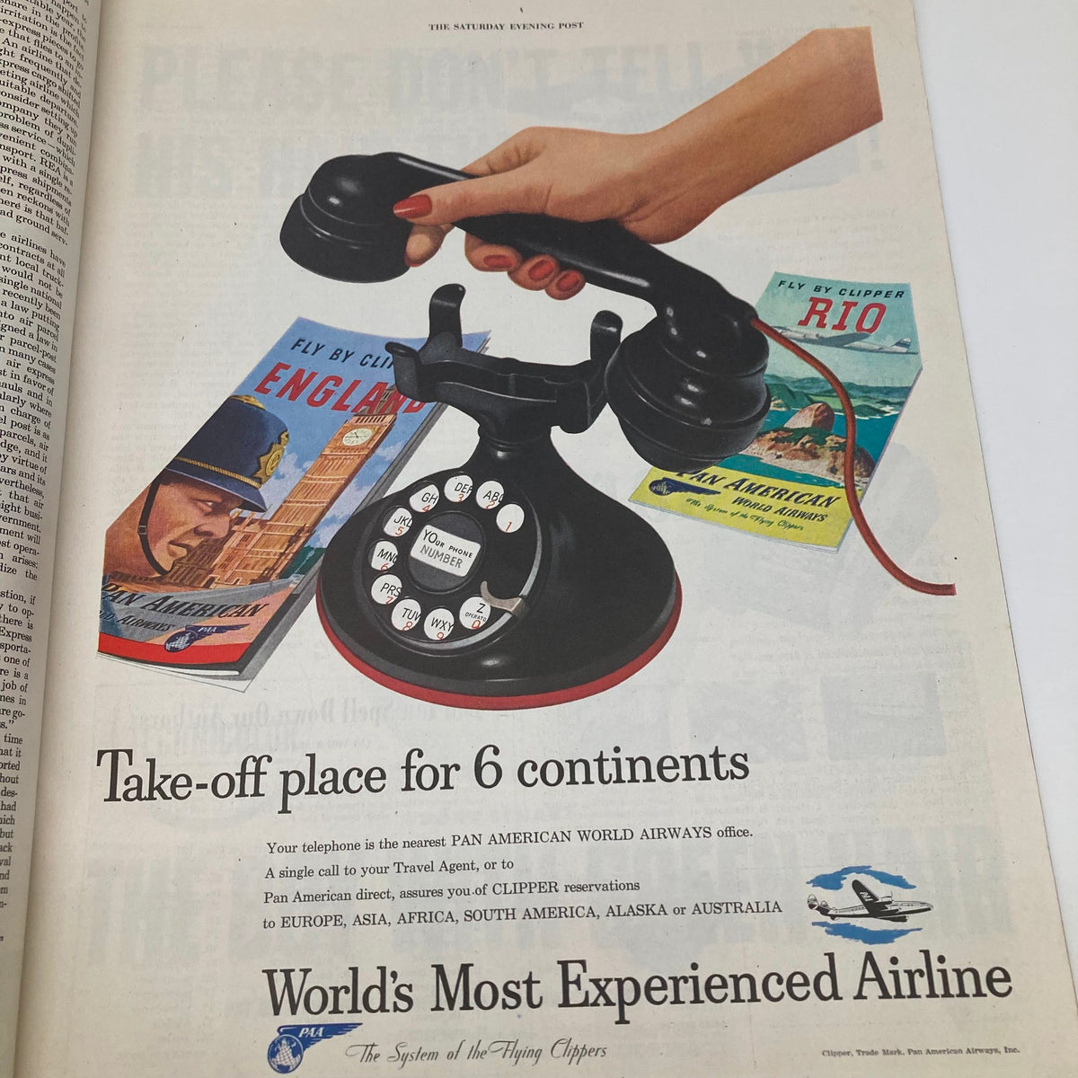 Inside page of Saturday Evening Post Magazine from October 23, 1948 featuring a vintage advertisement for Pan American World Airways showcasing a classic black rotary phone and travel brochures to England and Rio.