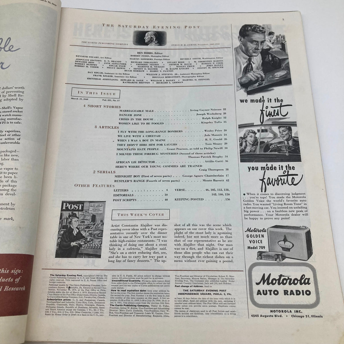 Inside page of Saturday Evening Post Magazine March 12 1949, displaying the table of contents and featured articles, highlighting vintage American culture.
