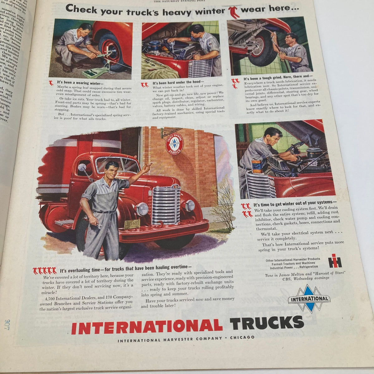 Ad for International Trucks featuring a mechanic working on a red truck, highlighting winter maintenance tips, from the Saturday Evening Post Magazine March 12 1949.