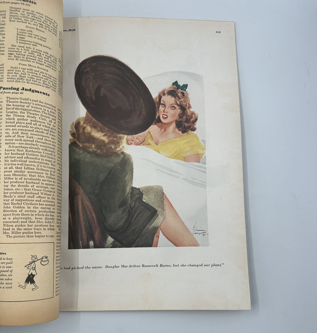Esquire Magazine September 1942 page featuring a beautiful woman in a yellow dress discussing a mirror reflection, showcasing vintage fashion and artistic illustration.