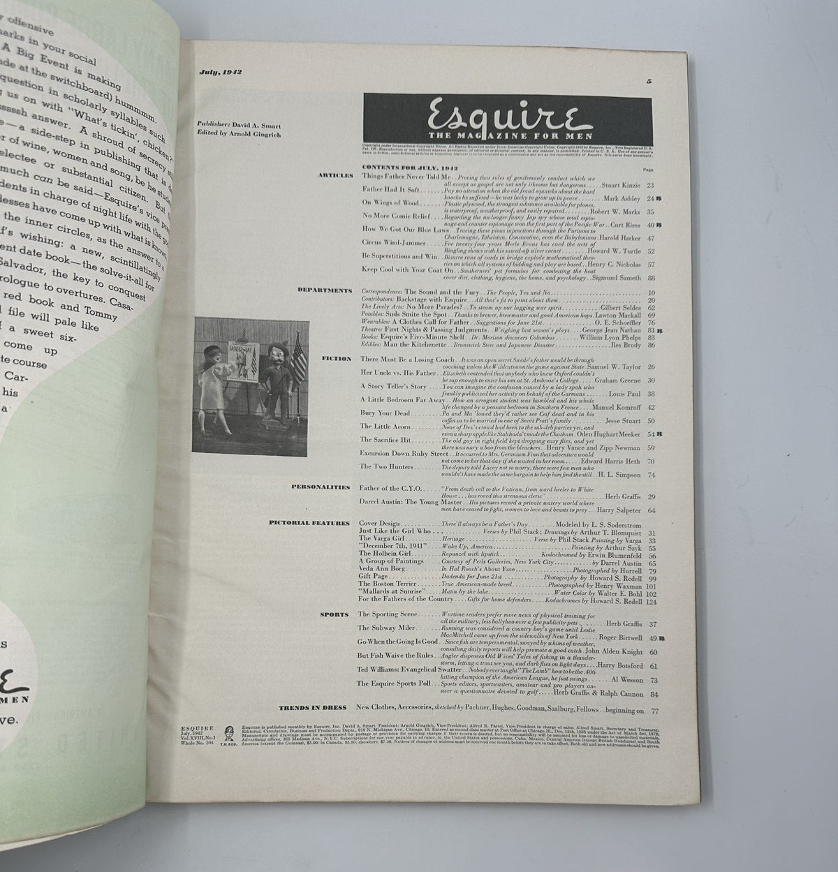 Interior page of Esquire Magazine July 1942 listing the table of contents, featuring articles on fiction, sports, humor, and more in a vintage layout.
