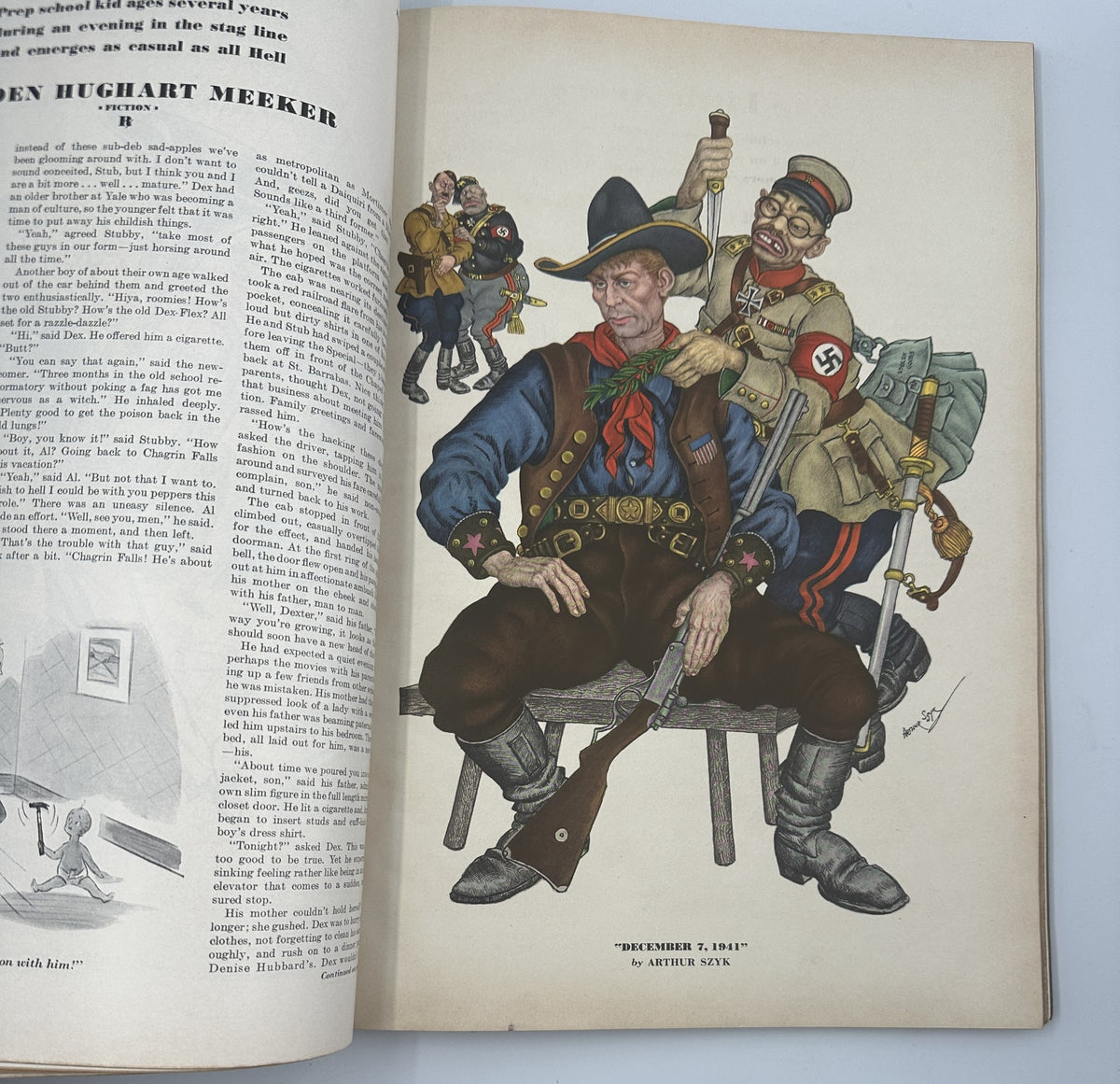 Artwork from Esquire Magazine July 1942 depicting a cowboy and a soldier juxtaposed against a war-themed narrative, illustrating wartime sentiments.