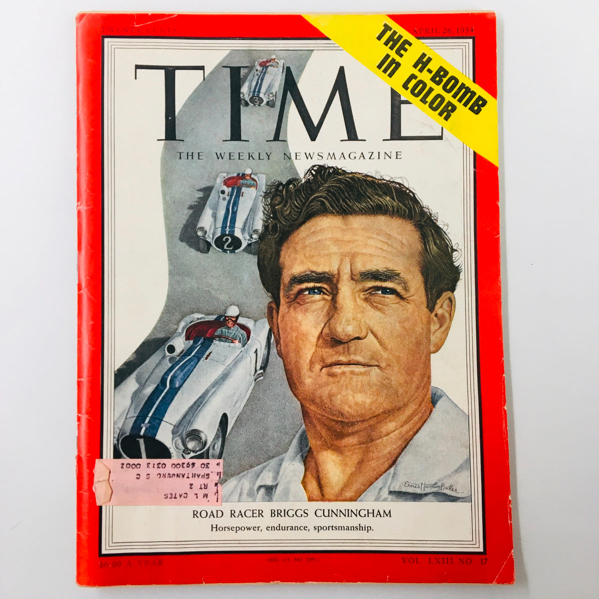 VTG Time Magazine April 26 1954 featuring Road Racer Briggs Cunningham on the cover, highlighting historical automotive significance with visuals of racing cars and captivating illustrations.