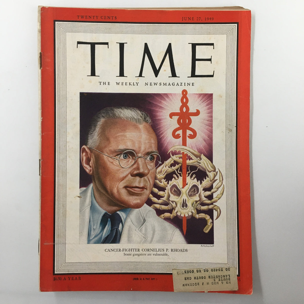VTG Time Magazine June 27 1949 cover featuring cancer-fighter Cornelius P. Rhoads with striking illustrations and thematic elements related to medical research and advancements in cancer treatment.