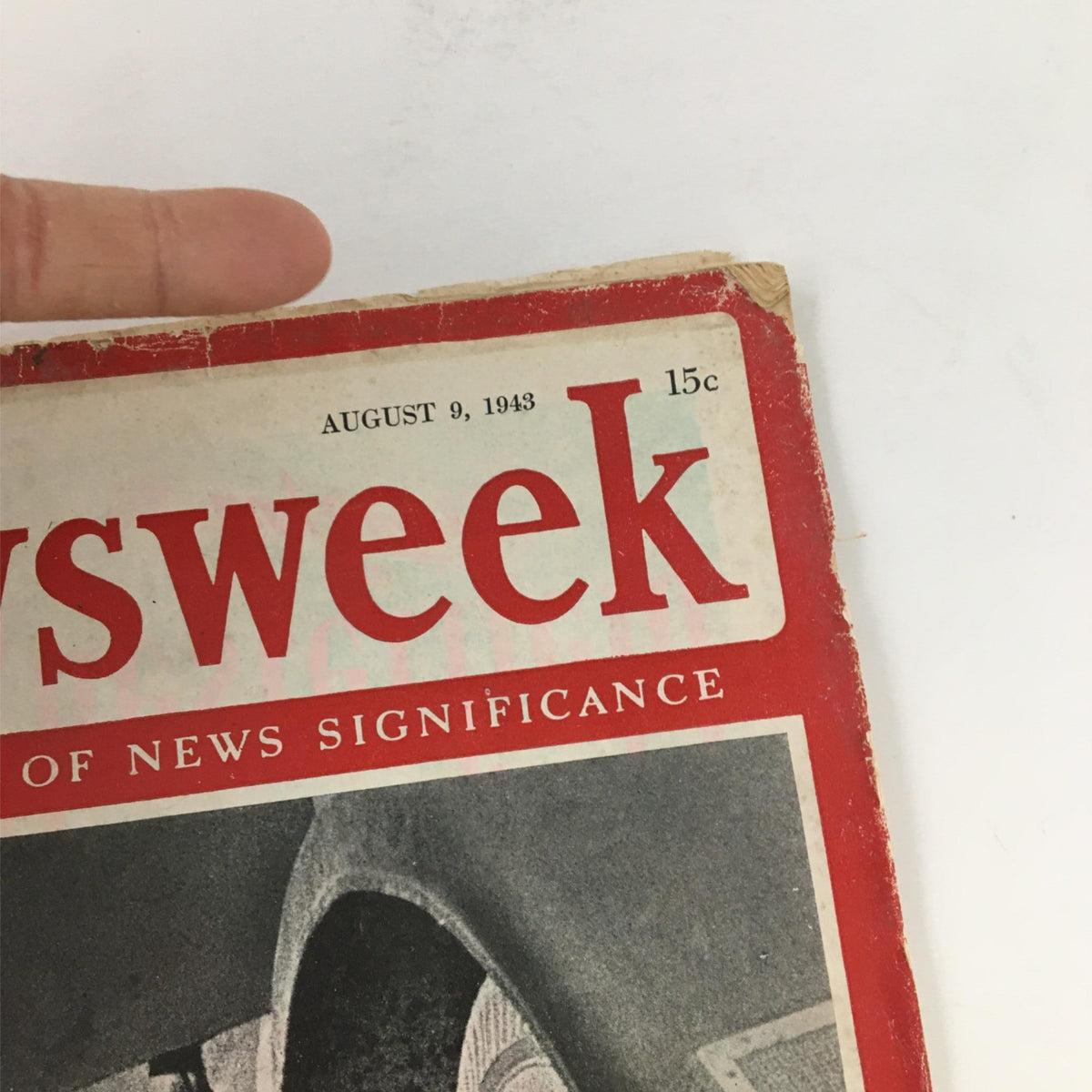 Close-up of the title section of Newsweek Magazine, August 9, 1943, featuring the date and magazine title 'Newsweek' in bold red.