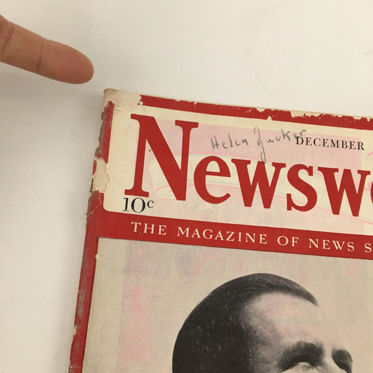 Close-up of the Newsweek Magazine December 9, 1940 cover showing President Avila Camacho of Mexico and a handwritten note at the top.