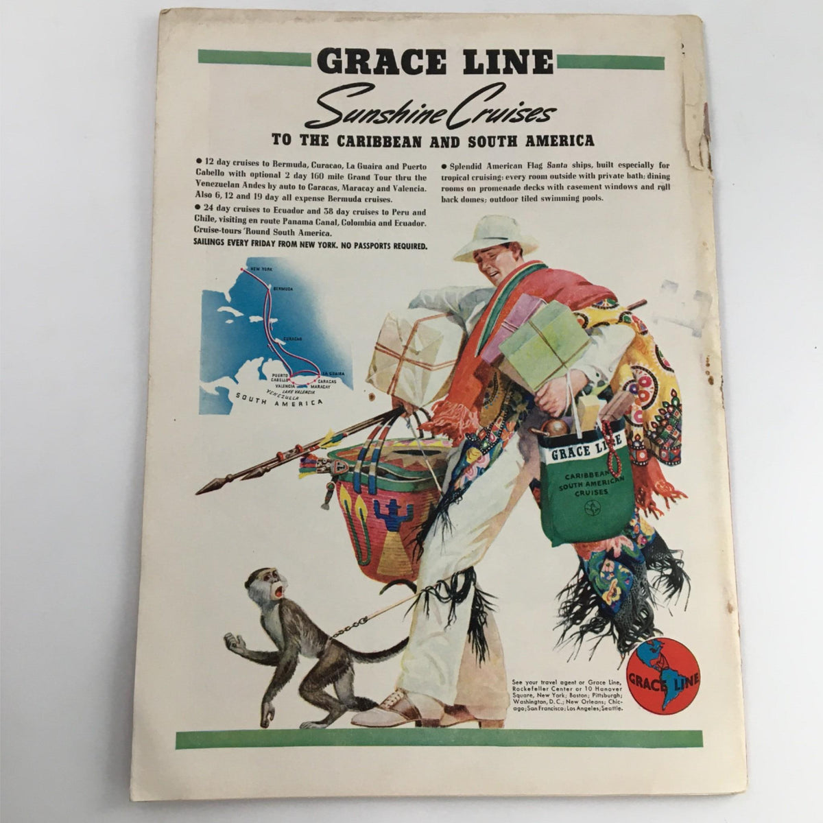 Back cover of Newsweek Magazine December 9, 1940 featuring an advertisement for Grace Line Sunshine Cruises to the Caribbean and South America.