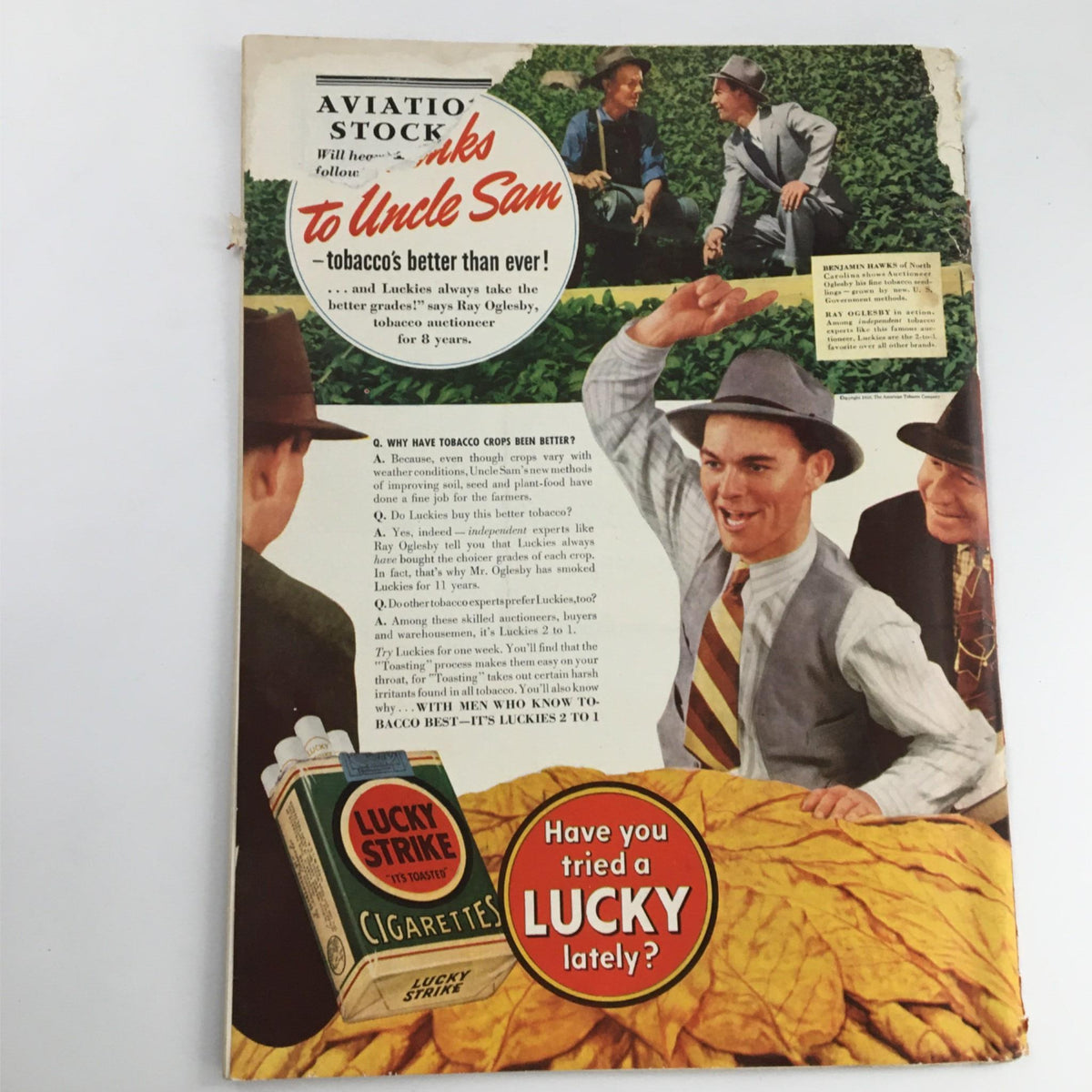 Back cover of the Newsweek Magazine from November 6, 1939 displaying an advertisement for Lucky Strike cigarettes and featuring actors in a tobacco field, capturing vintage marketing aesthetics.