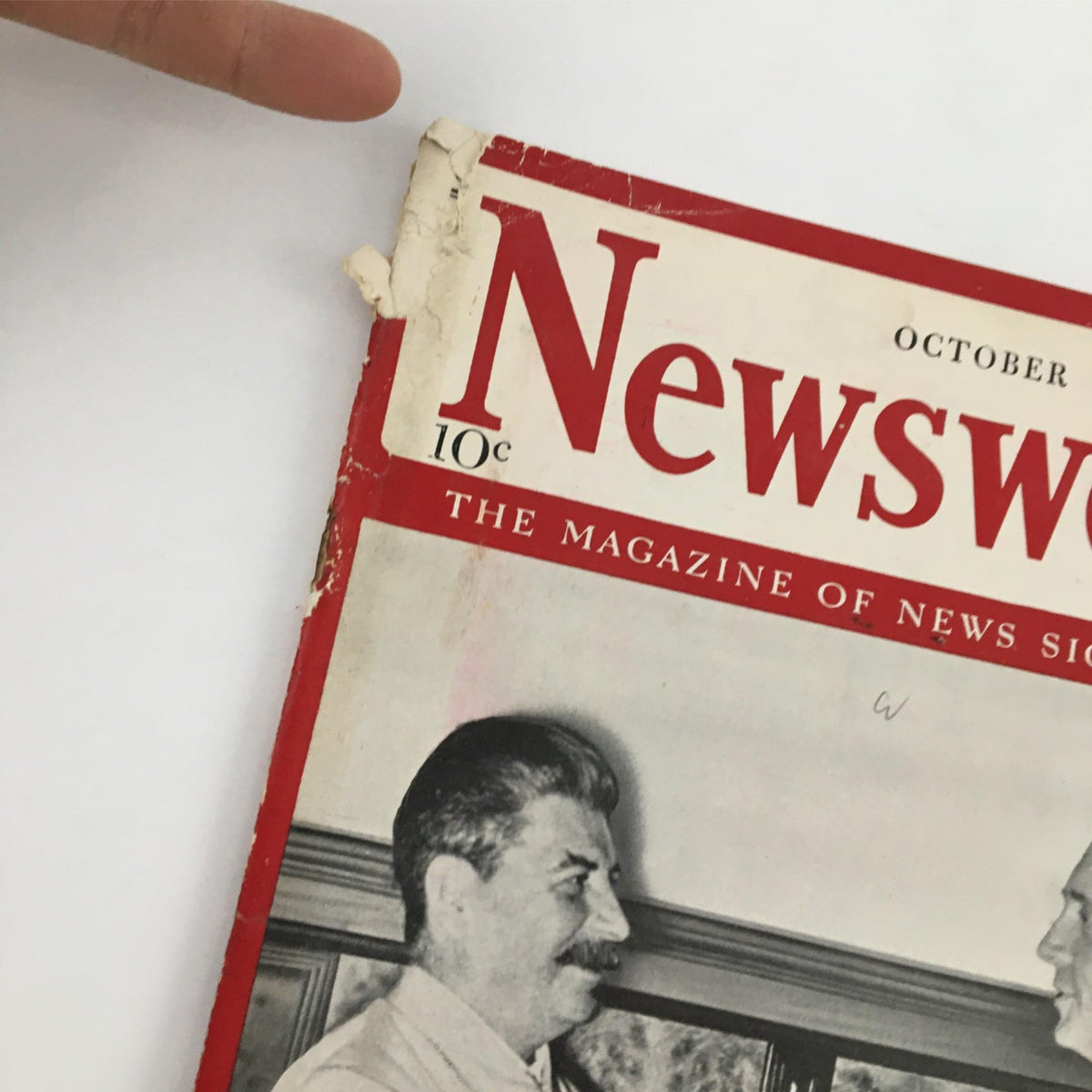 Close-up of the top left corner of Newsweek Magazine from October 9, 1939, showing a worn cover with the title prominently displayed.