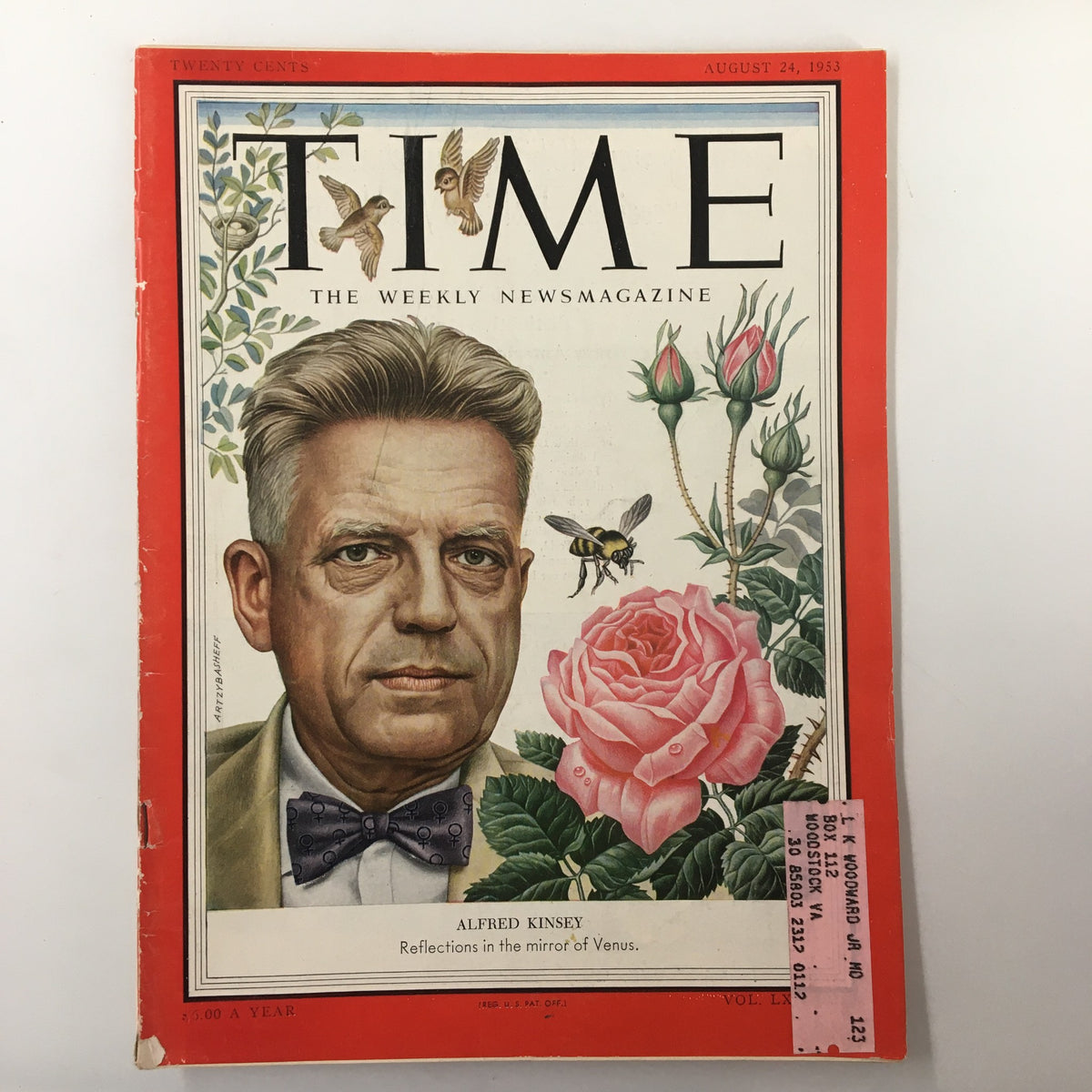 Cover of VTG Time Magazine August 24 1953 featuring Alfred Kinsey, labeled 'Reflections in the Mirror of Venus', with illustrations of birds, roses, and insects.