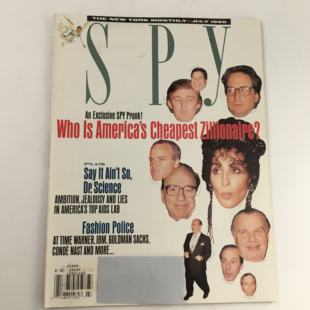 Cover of Spy Magazine July 1990 featuring headlines about America's Cheapest Zillionaire and prominent personalities including Donald Trump, with a humorous layout and multiple celebrity faces.