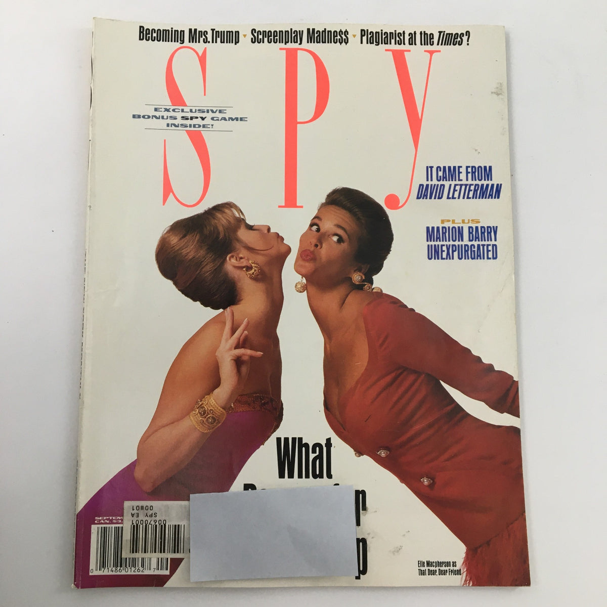 Front cover of Spy Magazine September 1990 featuring Elle McPherson and David Letterman, with a mention of Marion Barry, showcasing early 90s pop culture.