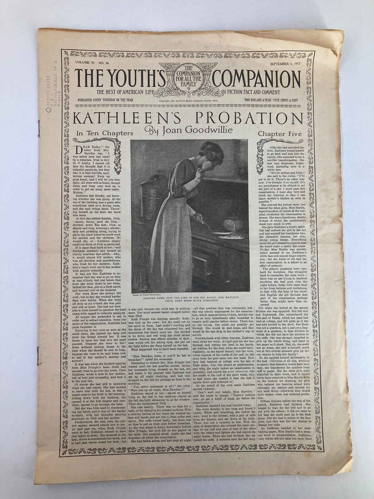 Cover page of VTG The Youth's Companion Magazine from September 6, 1917 featuring the story 'Kathleen's Probation' by Joan Goodwillie.
