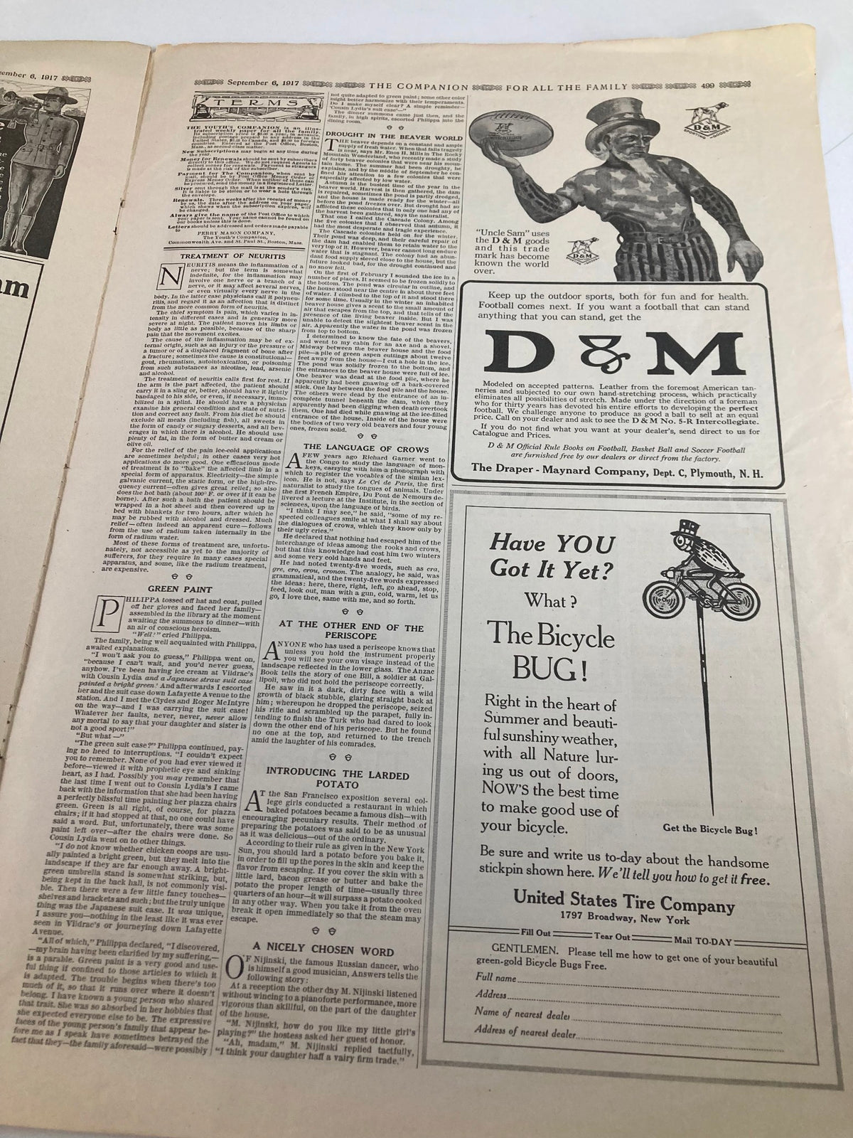 Inside page of the VTG The Youth's Companion Magazine from September 6, 1917, featuring articles and advertisements, reflecting early 20th-century culture.