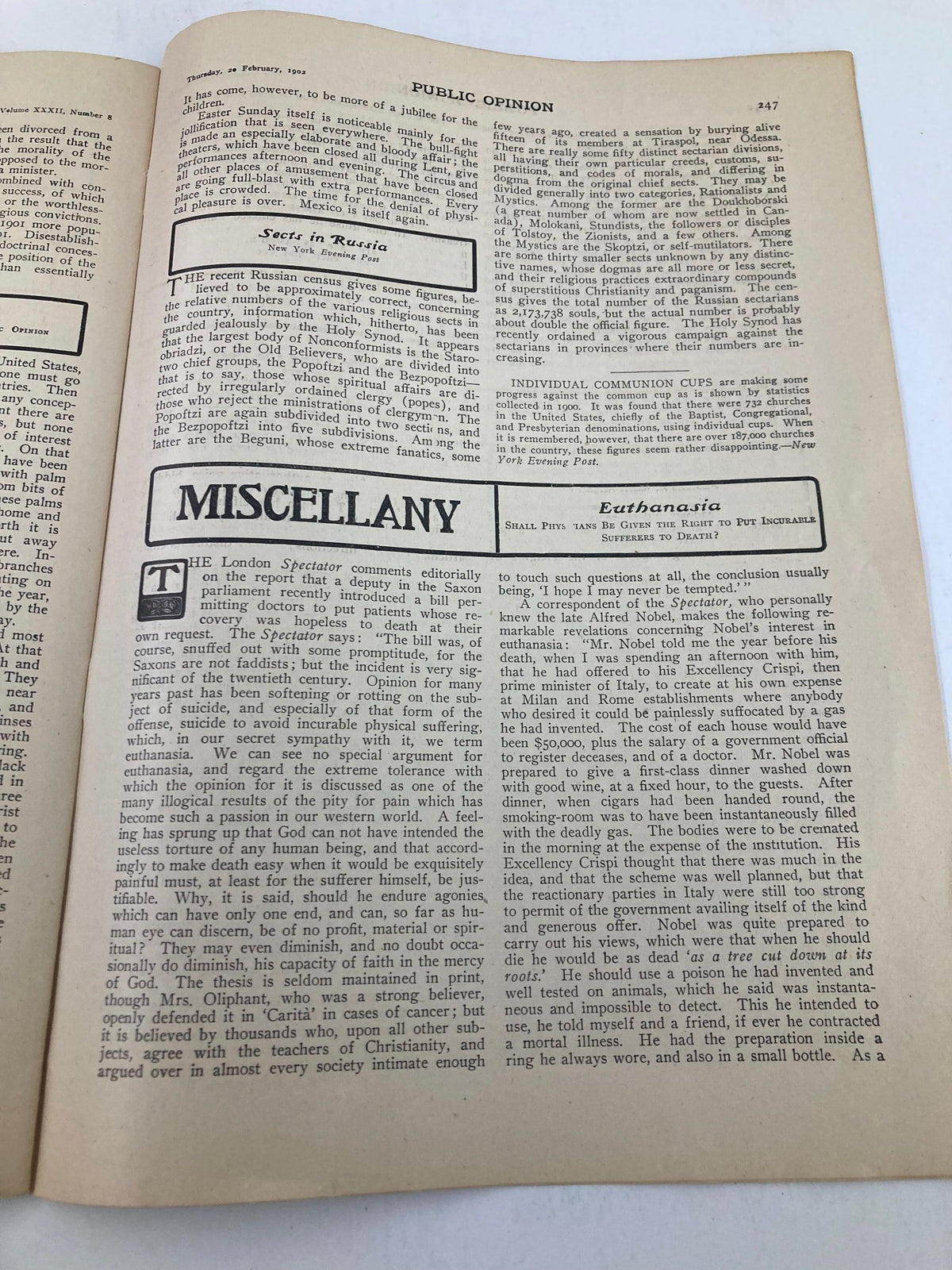 VTG Public Opinion Magazine February 20 1902 - A miscellany page discussing various topics including ideas from The London Spectator and reflections on the impact of priorities in society.