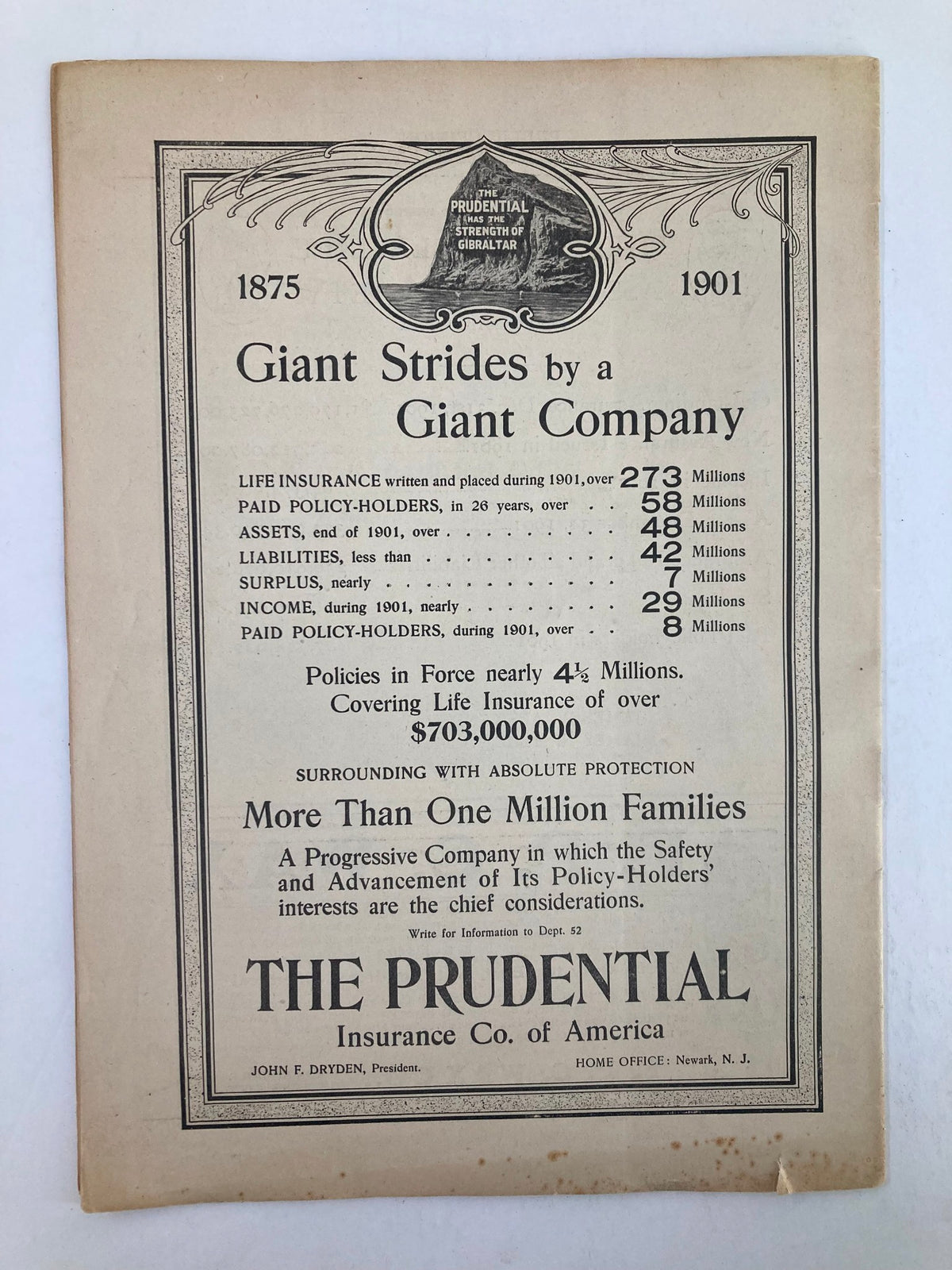 VTG Public Opinion Magazine February 20 1902 - A back cover advertisement for The Prudential Insurance Co. of America, detailing policies and financial data from 1901.