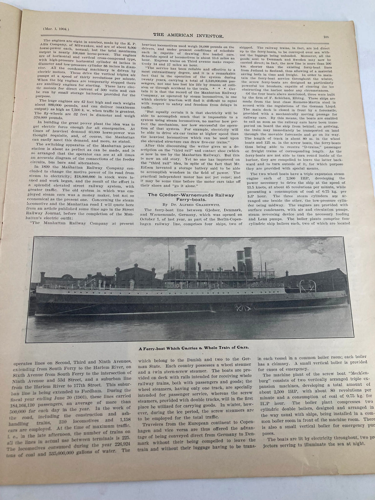 Interior page of VTG The American Inventor Magazine, March 1, 1904, showcasing an article about the Giders-Wyoming Railway and featuring a historical image of a ferryboat.