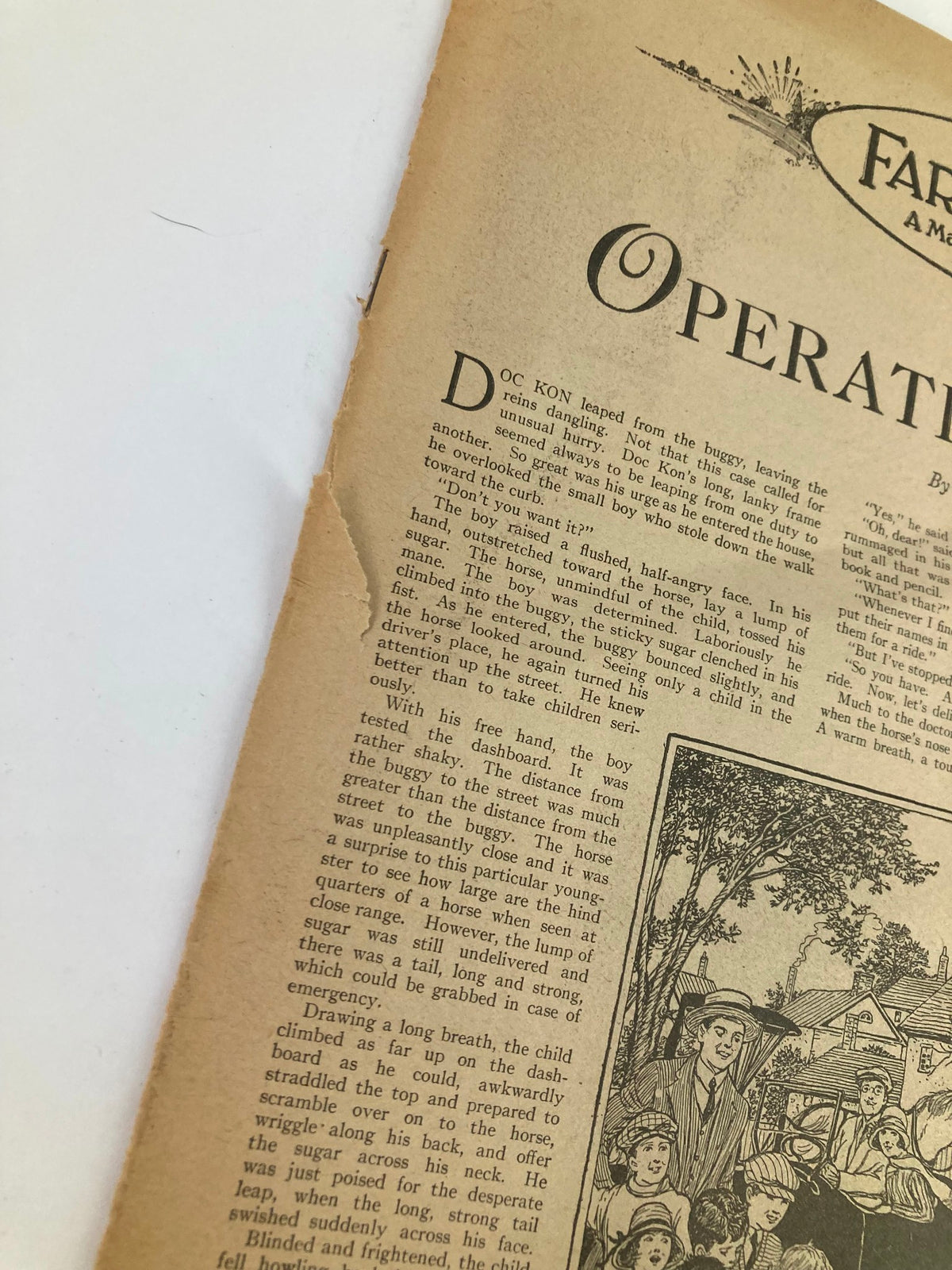 Close-up view of a page from VTG The Farmer's Wife Magazine July 1925, highlighting the text of 'Operating on Tony', revealing vintage illustrations and worn edges.