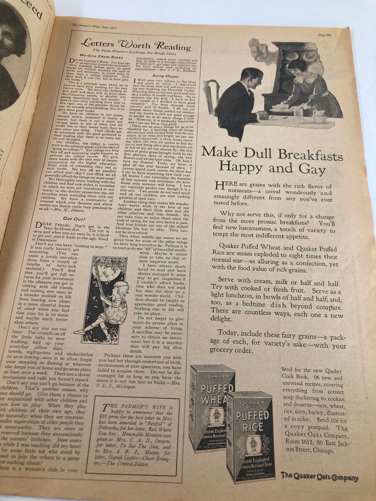 Inside page of VTG The Farmer's Wife Magazine July 1925 with 'Letters Worth Reading' and a cooking advertisement, depicting the rural lifestyle and homemaking themes of the 1920s.