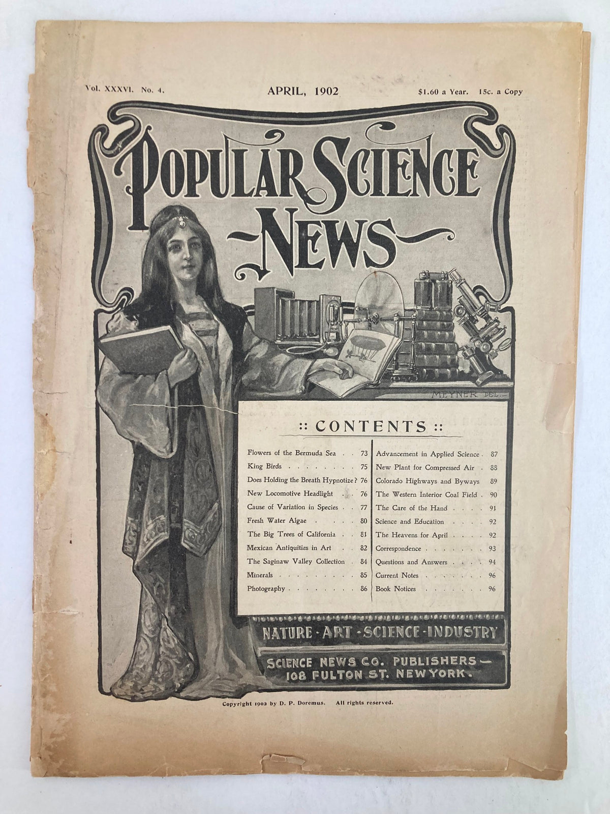 Cover of the VTG Popular Science News Catalog from April 1902, featuring an illustrated woman alongside scientific instruments, titled 'Popular Science News'.