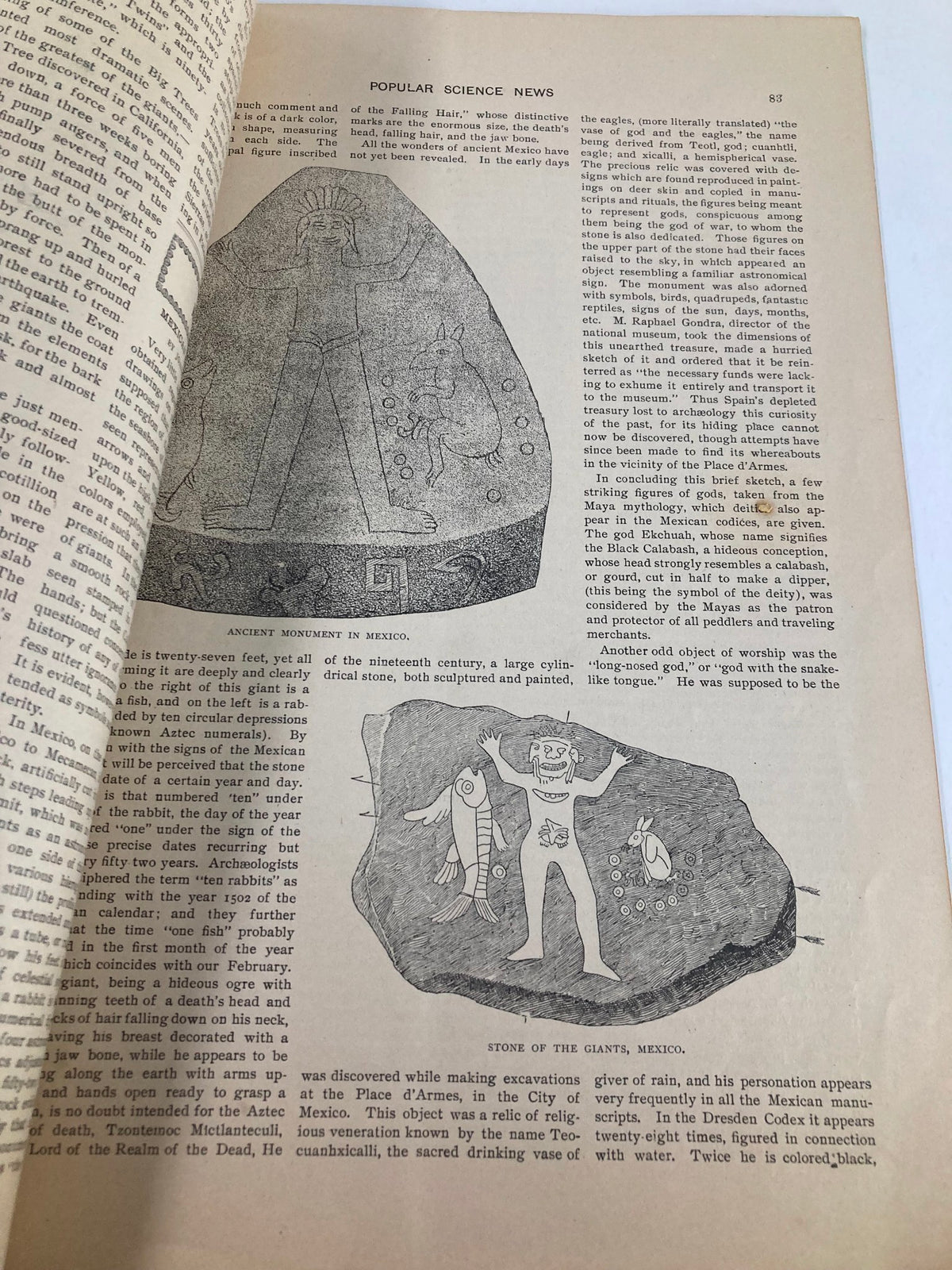 Interior page of the VTG Popular Science News Catalog from April 1902, showcasing an illustration of ancient Mexican monuments and figures.