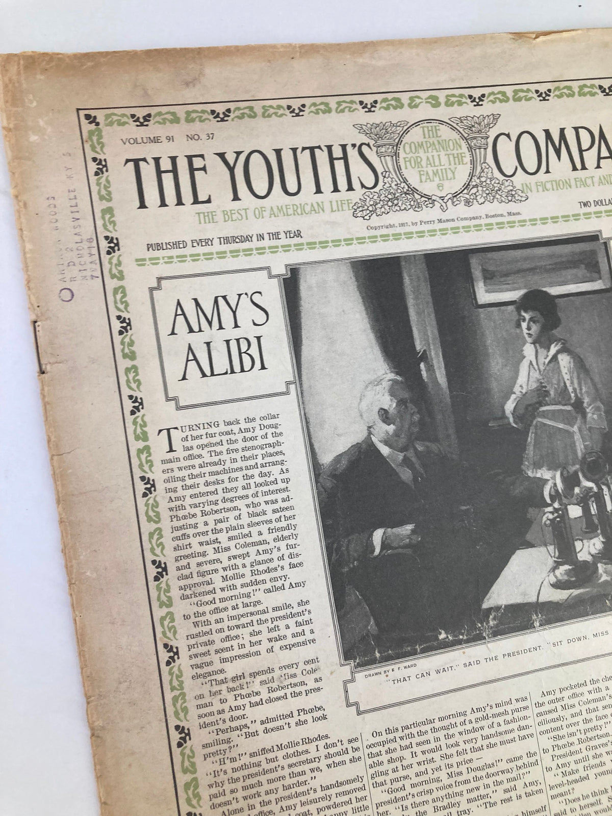 Detail of the cover page from VTG The Youth's Companion Magazine September 13, 1917, highlighting 'Amy's Alibi' by Hilda Morris, with author attribution.