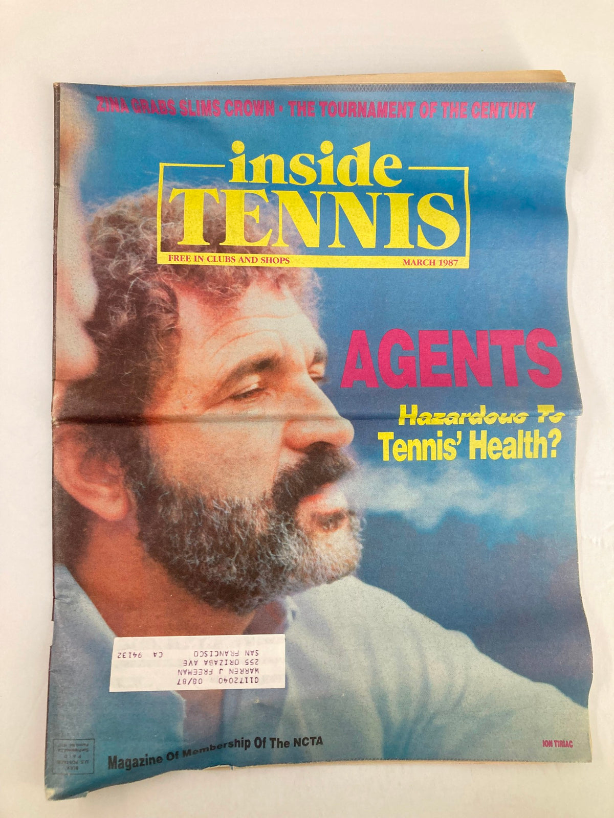 Cover of VTG Inside Tennis Magazine March 1987, featuring the title 'Agents Hazardous to Tennis' Health?', showcasing a close-up image of a man with a beard and a blue background.
