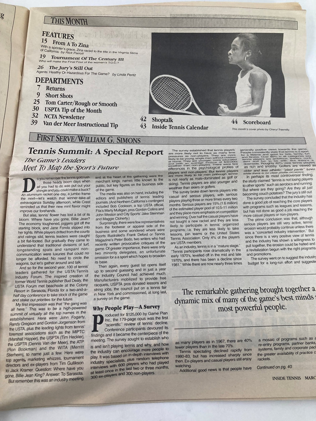 Inside Tennis Magazine March 1987 cover page featuring the article "Agents: Hazardous to Tennis' Health?" showcasing a tennis player with a racket. This collectible issue explores the impact of agents on the sport, perfect for tennis enthusiasts and vintage magazine collectors.