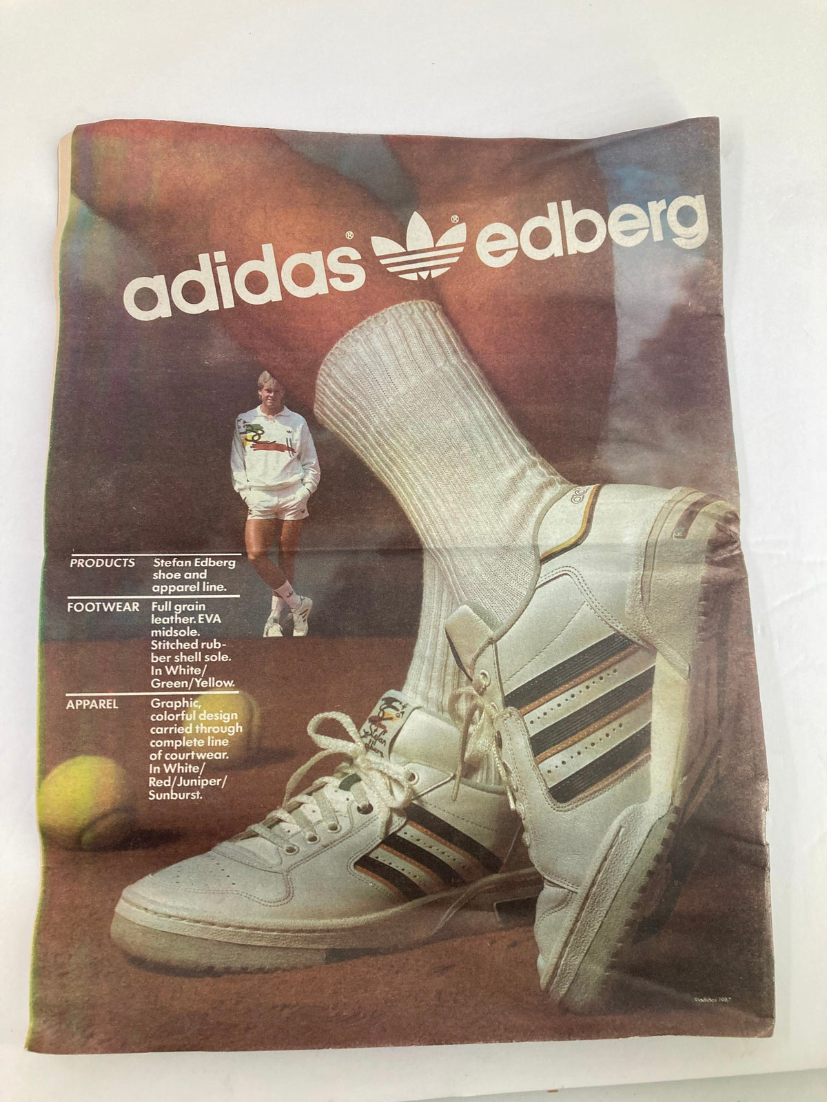 Ad for Adidas Edberg tennis shoes and apparel from Inside Tennis Magazine March 1987, displaying Stefan Edberg's signature footwear and promotional sportswear, emphasizing style and performance in tennis.